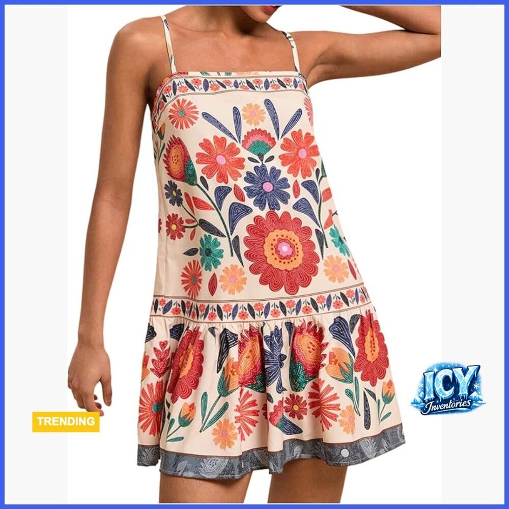 Floral Boho Mini Cami Dress Ruffle Hem Spaghetti Strap Casual